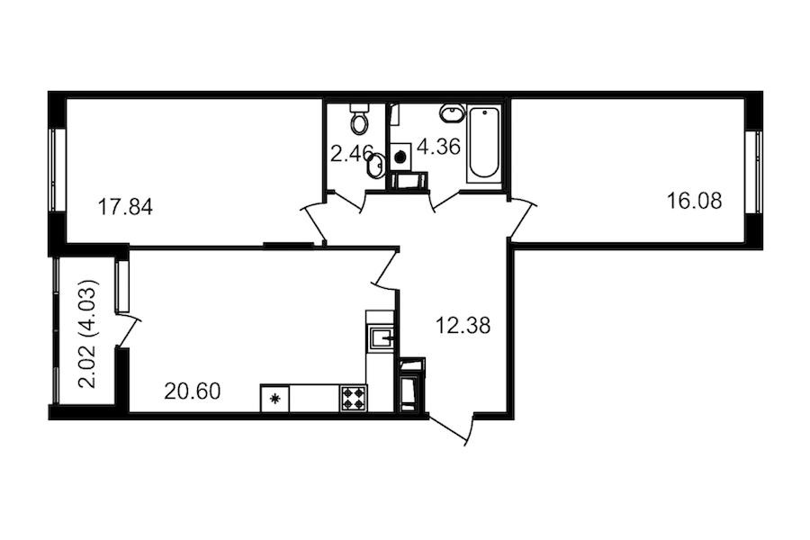 2-комнатная квартира 73.72 м², 14/14 эт., ЖК «Чёрная речка»